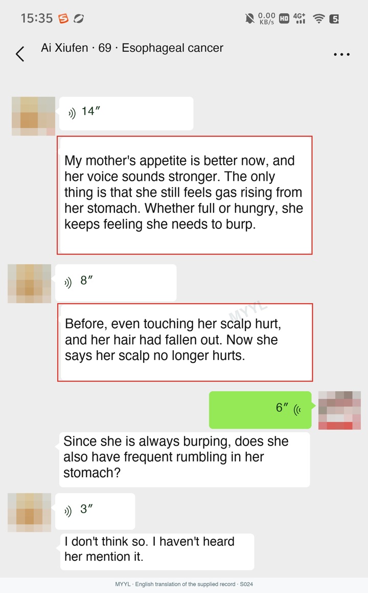 Esophageal cancer: A stronger voice, with belching continuing. English source image 1, with original photographs and clinical records where present.