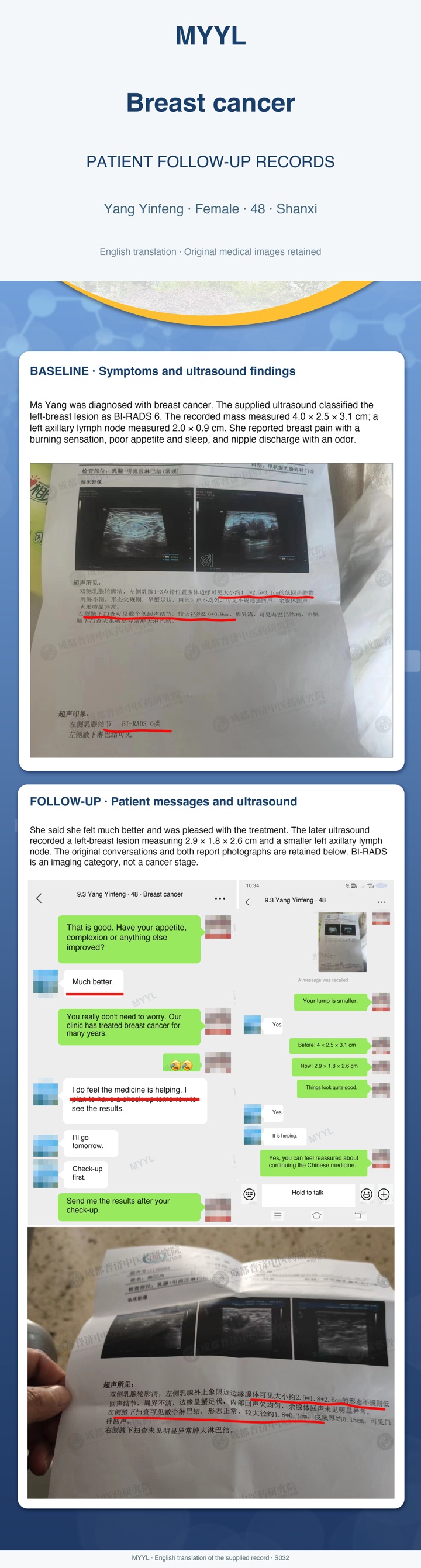 Breast cancer follow-up with original chat and ultrasound reports