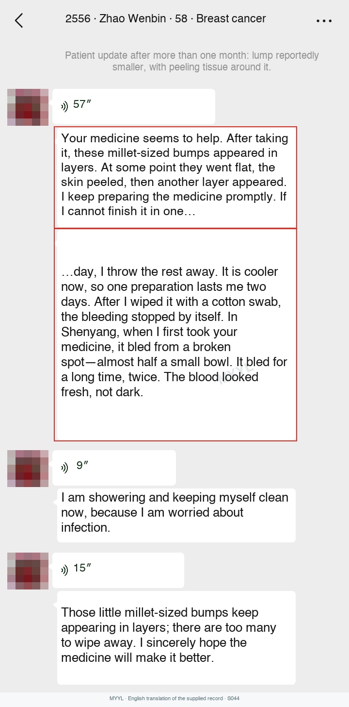 Breast cancer: Eating again, with ongoing wound concerns. English source image 1, with original photographs and clinical records where present.