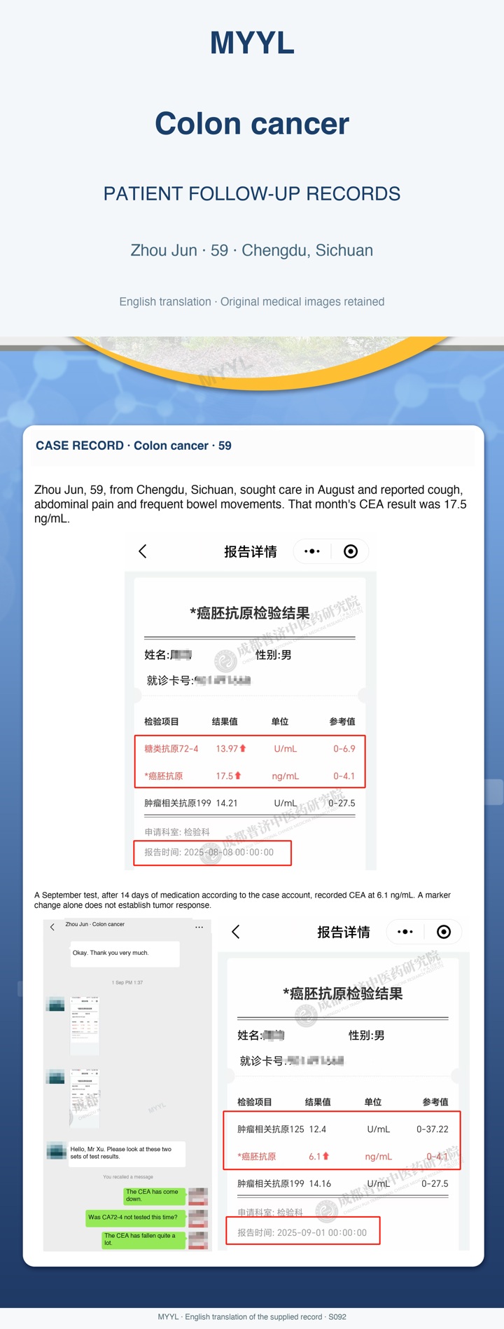 Colon cancer: CEA results across two follow-ups. English source image 1, with original photographs and clinical records where present.