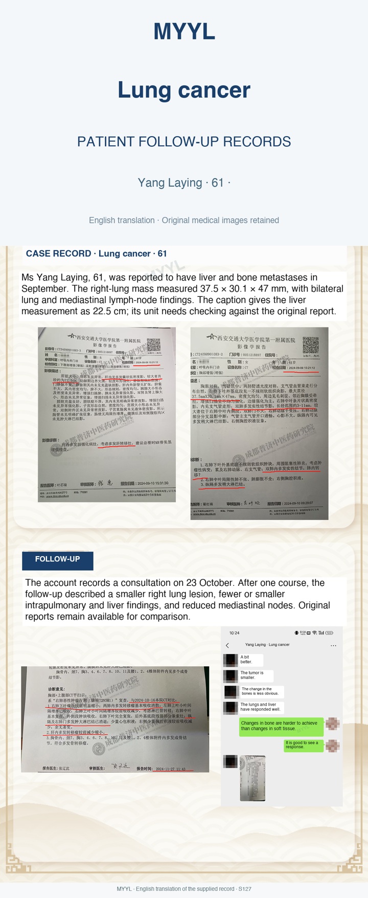 Lung cancer: A metastatic lung-cancer follow-up with unresolved source details. English source image 1, with original photographs and clinical records where present.