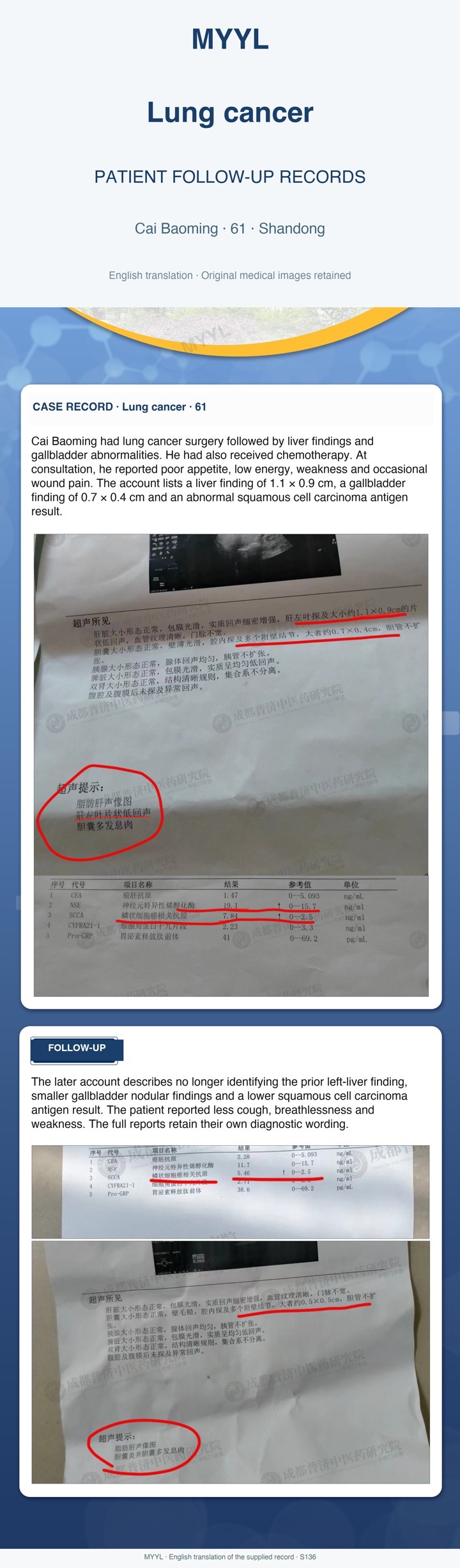 Lung cancer: Ultrasound findings after lung surgery and chemotherapy. English source image 1, with original photographs and clinical records where present.