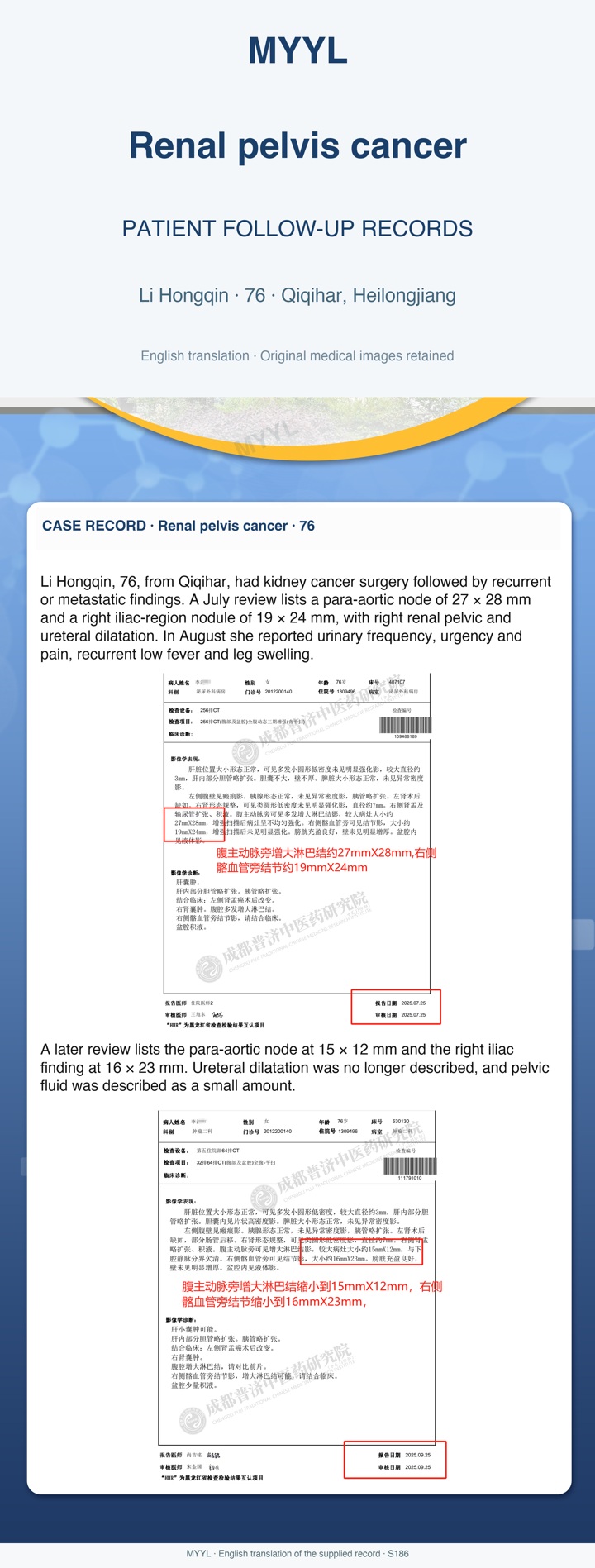 Renal pelvis cancer: Lymph-node measurements after kidney-pelvis surgery. English source image 1, with original photographs and clinical records where present.