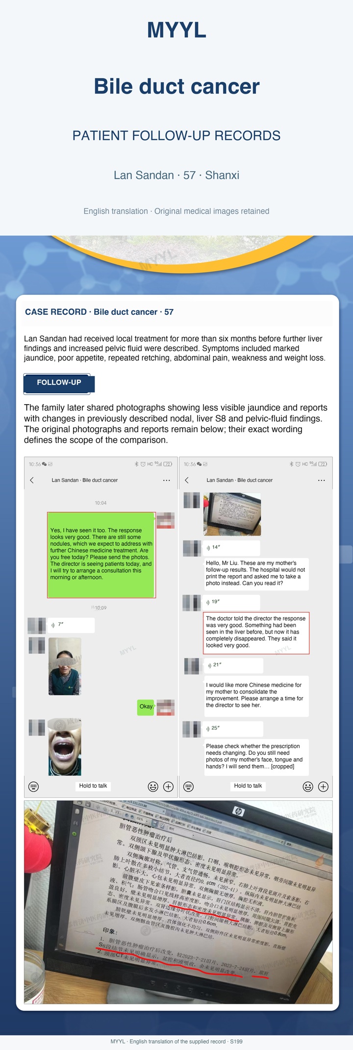 Bile duct cancer: A family reports a more reassuring follow-up. English source image 1, with original photographs and clinical records where present.