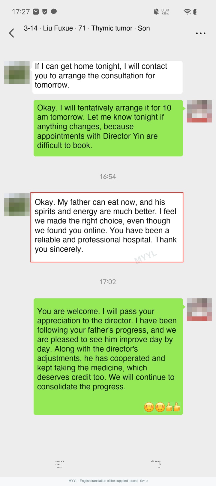 Thymic tumors: A son describes better appetite and energy. English source image 1, with original photographs and clinical records where present.