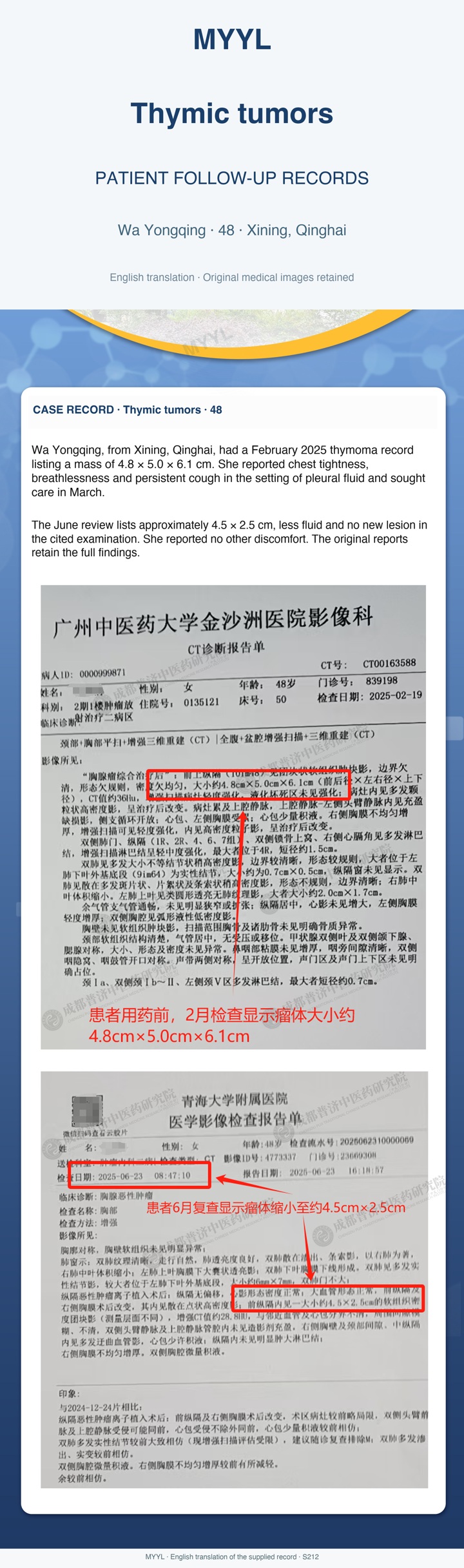 Thymic tumors: Thymic-tumor follow-up after combined treatment. English source image 1, with original photographs and clinical records where present.