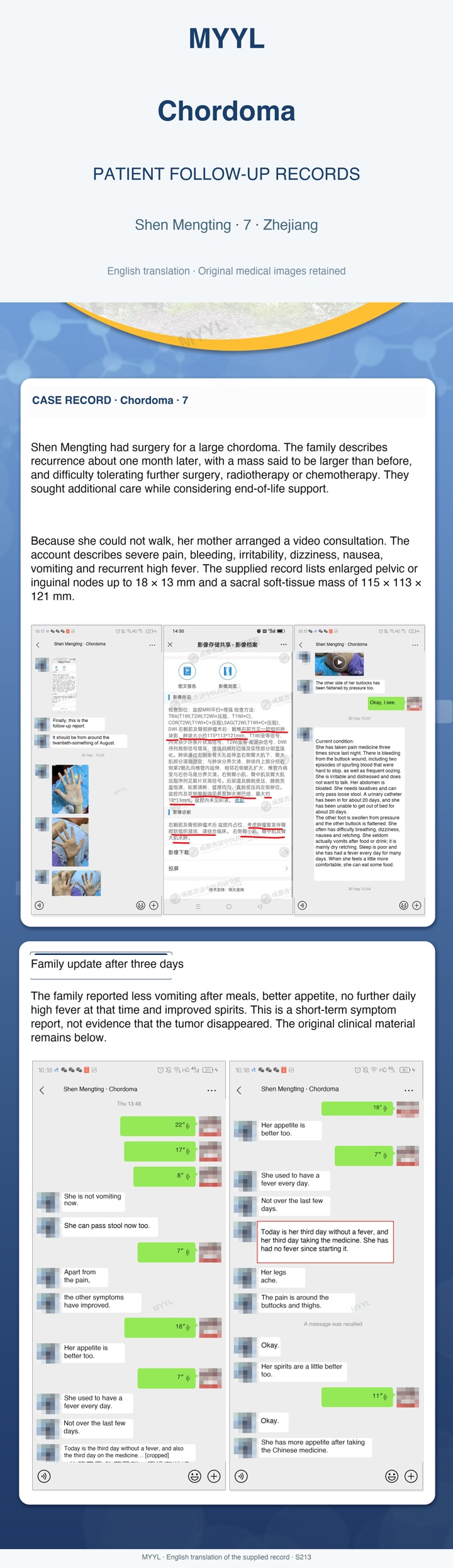 Chordoma: A child's early symptom update with pain still present. English source image 1, with original photographs and clinical records where present.