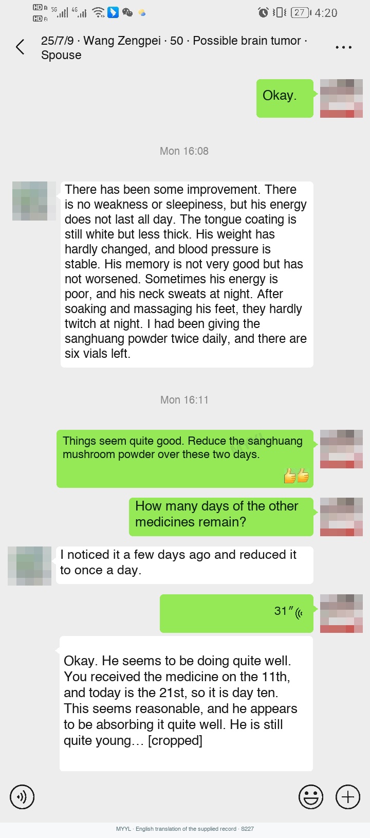 Suspected brain tumor: Less drowsiness, with variable energy and memory difficulty. English source image 1, with original photographs and clinical records where present.