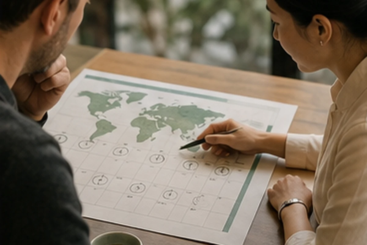 An international patient and coordinator choosing a cross-border appointment time