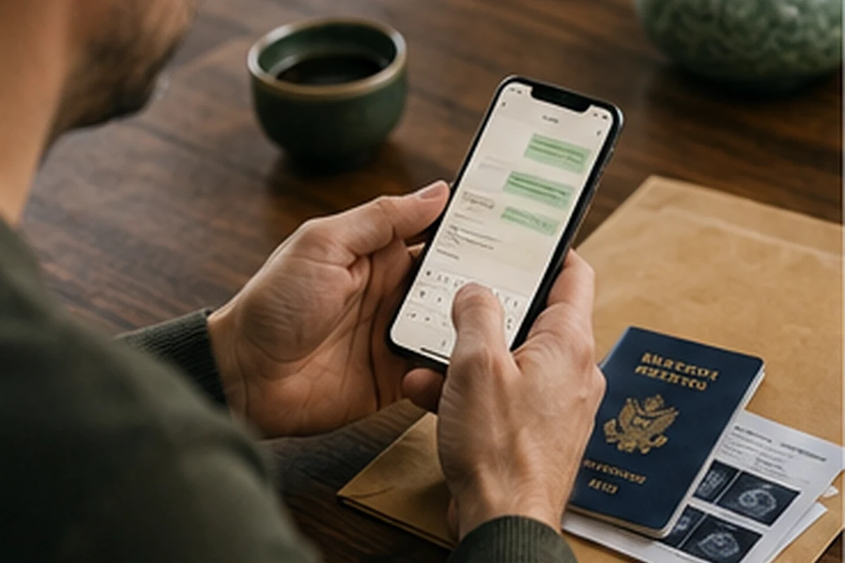 An international patient sending a first message beside a passport and medical reports