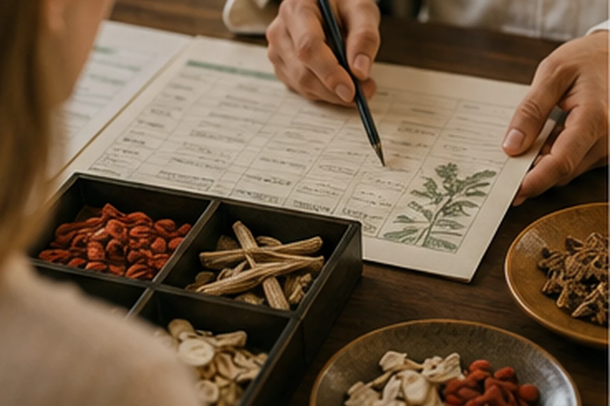 An international patient reviewing an individualized treatment plan with Chinese herbs