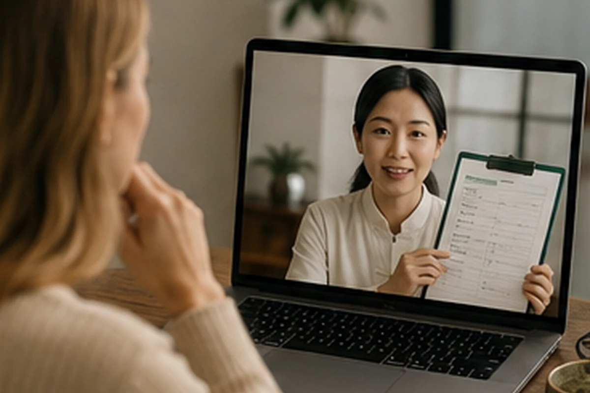 A bilingual coordinator guiding an international patient through an intake form