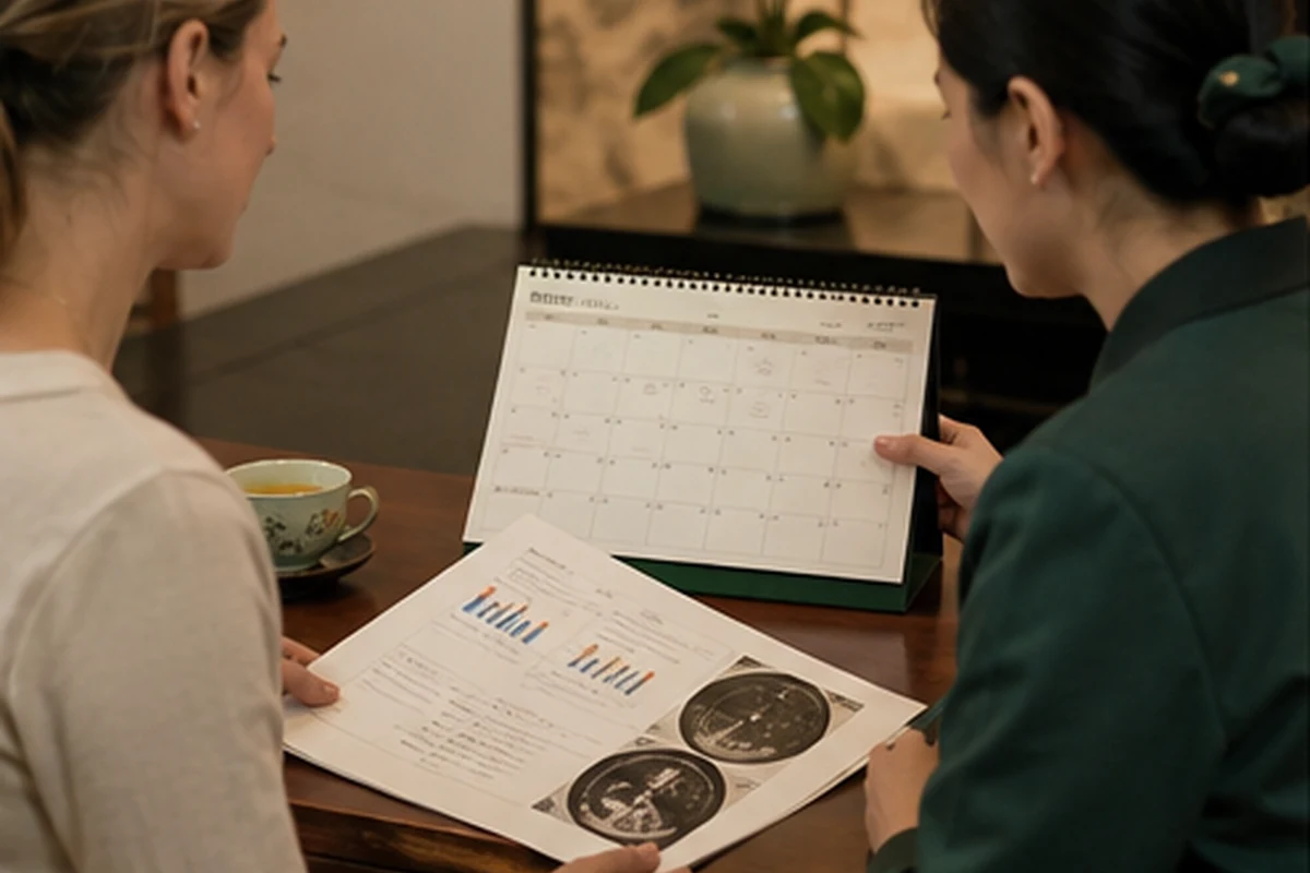 An international patient and care coordinator comparing follow-up reports and a calendar