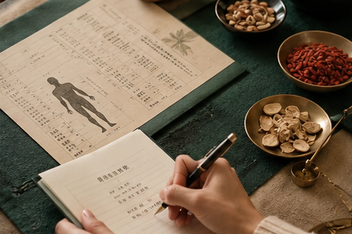 An international patient reviewing an individualized Chinese medicine plan with herbs