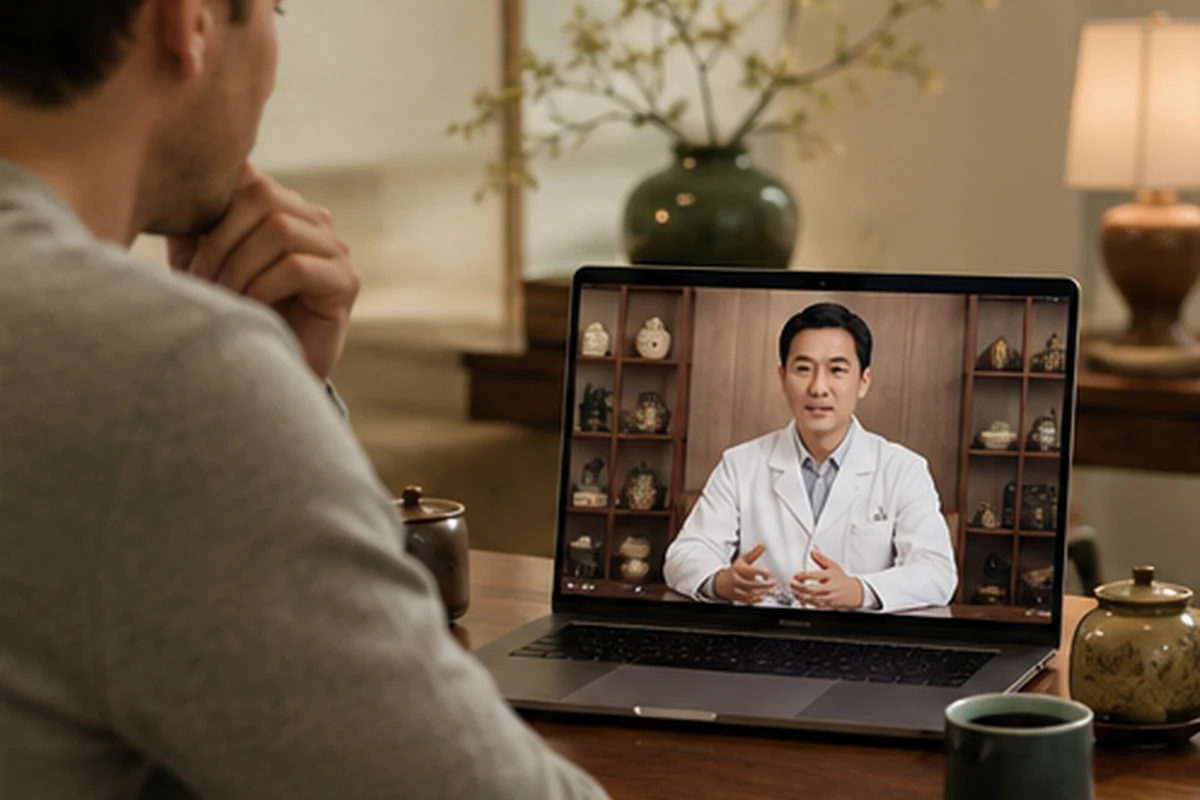 An international patient joining a private video visit with a Chinese clinician