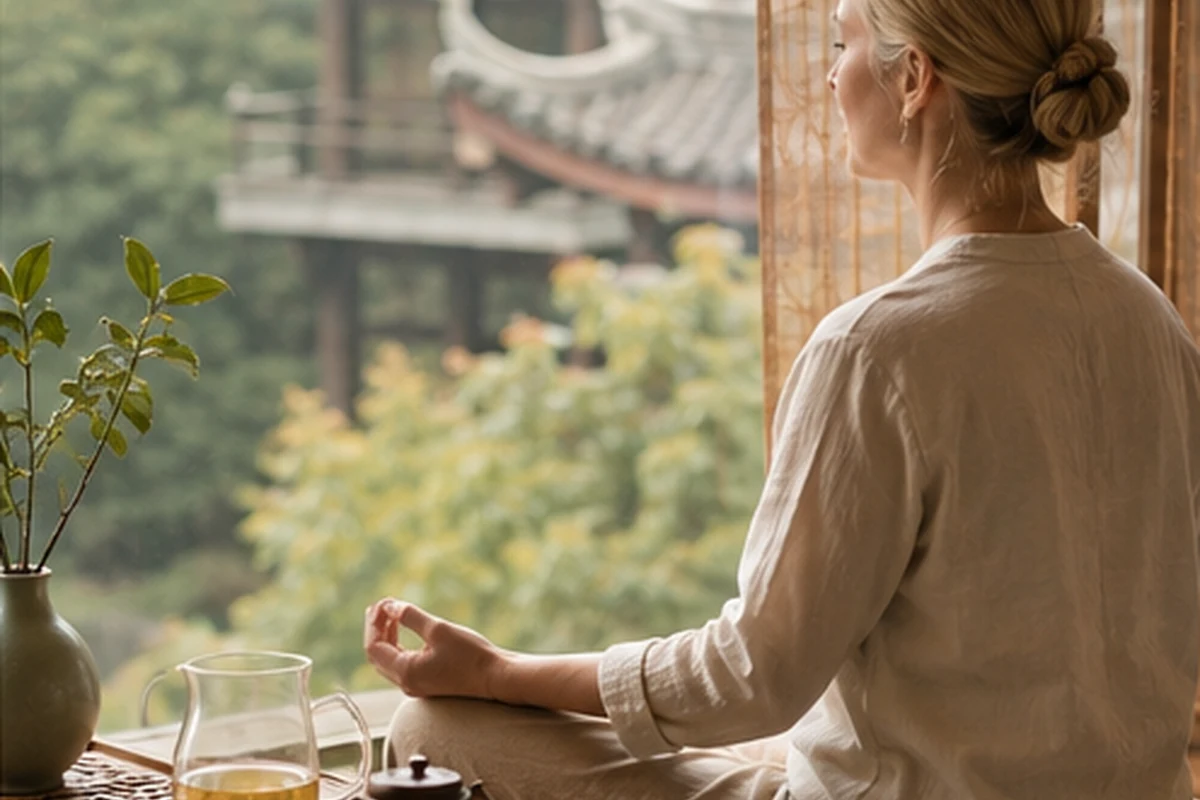 An international visitor practicing a calm wellness ritual in a Chengdu garden